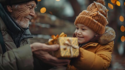 Canvas Print - A senior man gives a wrapped present to a smiling young boy. AI.