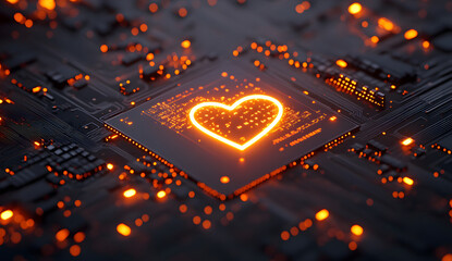 A close-up view of a glowing heartbeat icon displayed on a microchip design