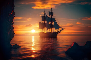 Wall Mural - A sailing ship at sunset