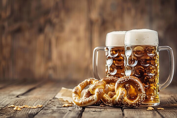 Wall Mural - Oktoberfest background, beer and pretzels on a wooden table