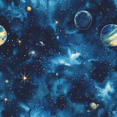 Wall Mural - Watercolor Night Sky with Planets and Stars.