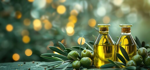 Two bottles of olive oil with fresh olives and olive branches on a wooden table. The background is a blurred image of olive trees.