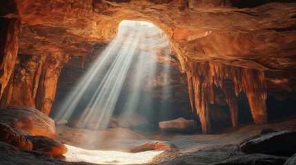 Wall Mural - sunlight streaming into rocky underground cave.