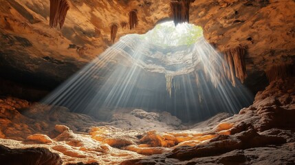 Wall Mural - sunlight streaming into rocky underground cave.