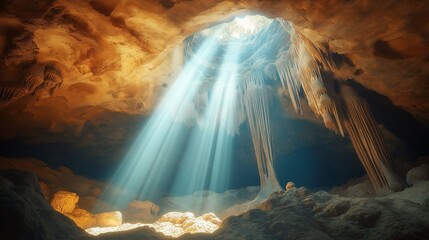 Wall Mural - sunlight streaming into rocky underground cave.