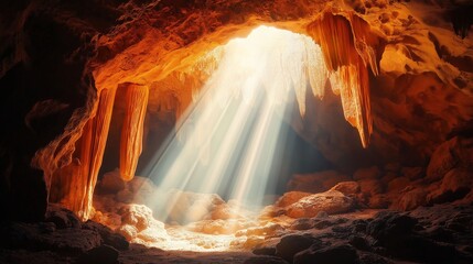 Wall Mural - sunlight streaming into rocky underground cave.