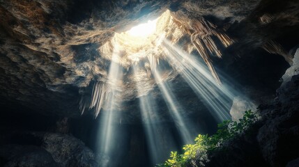 Wall Mural - sunlight streaming into rocky underground cave.