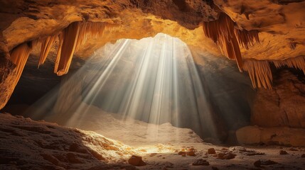 Wall Mural - sunlight streaming into rocky underground cave.