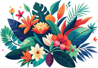 Wall Mural - A colorful arrangement of tropical flowers and foliage showcasing vivid hues and natural beauty.