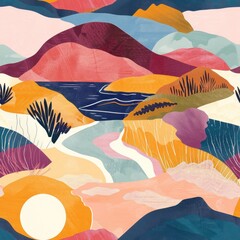 Poster - Abstract Landscape with Mountains, River, and Sunset.