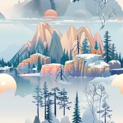 Poster - Abstract Winter Landscape with Mountains, Trees and a Lake.