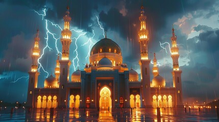 A large Mosque with towers and a sunset