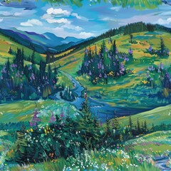 Poster - Vibrant Landscape Painting with a Winding River Through a Meadow.