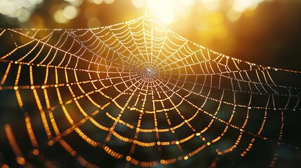 Close-up photo of dew drops on spider web in early morning light