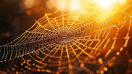 Close-up photo of dew drops on spider web in early morning light