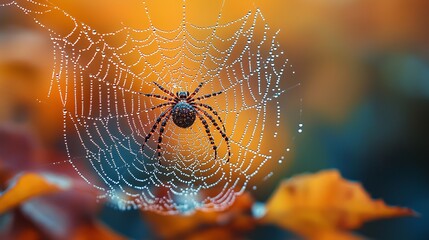 Close-up photo of dew drops on spider web in early morning light