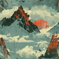 Wall Mural - surrealist mountain landscape with a red sun and birds.