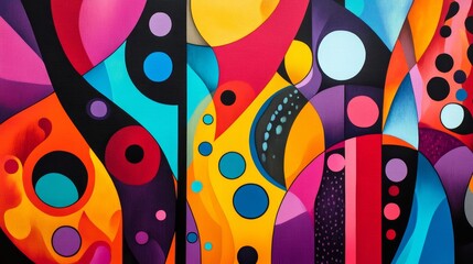 Wall Mural - Abstract Colorful Geometric Pattern Background - A vibrant abstract background featuring an array of geometric shapes, including circles, curves, and lines in a playful composition of bright colors. T