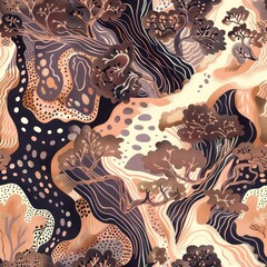 Canvas Print - Abstract Seamless Pattern with Trees, Circles and Waves.
