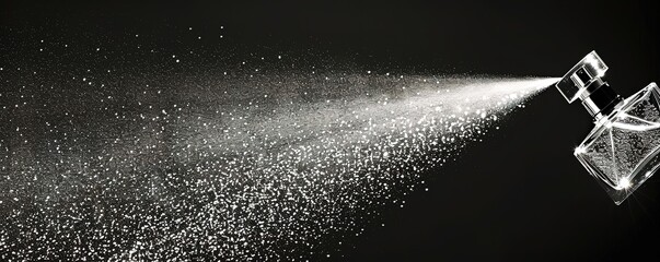 A perfume bottle sprays a fine mist on a black background. The mist is a white cloud, and the bottle is clear and transparent.