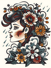 Wall Mural - Womans Head with Flowers traditional tattoo illustration