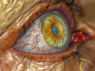 Sticker - A close up of a person's eye with a red dot in the corner. The eye is yellow and has a lot of blood vessels