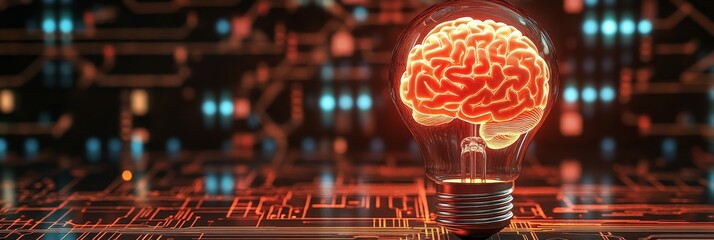 Canvas Print - Brainpower in a Lightbulb:  A Symbol of Innovation and Ideas - A glowing lightbulb containing a human brain, symbolizing intelligence, creativity, innovation, ideas, and potential.