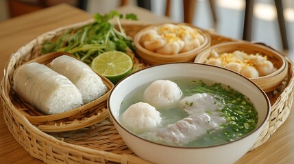 A bowl of fish soup with white meat, spring rolls and rice on the side in Vietnam. The table is made from bamboo. A plate containing red chili peppers sits next to it