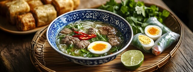 Wall Mural - A bowl of fish soup with white meat, spring rolls and rice on the side in Vietnam. The table is made from bamboo. A plate containing red chili peppers sits next to it