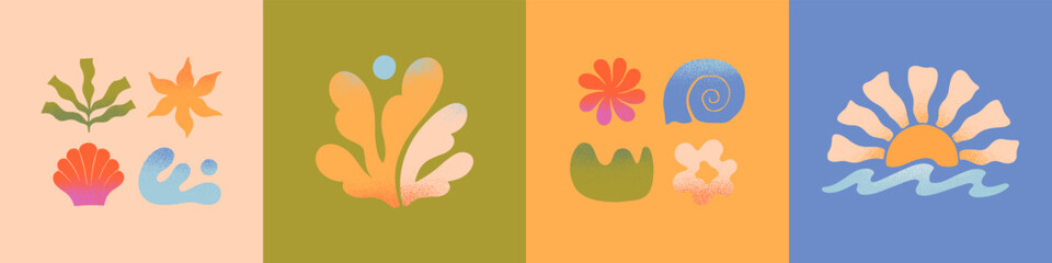 Wall Mural - vector abstract summer nature elements.hand drawn palm,sun,coral,seashells,sea waves.modern graphic 