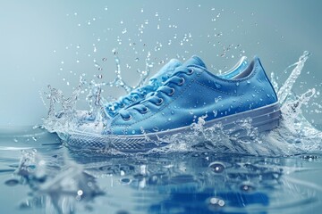 Dynamic shot of a blue sneaker splashing through water, highlighting its waterproof design against a deep blue background..