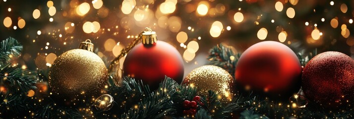 Canvas Print - Festive Christmas Ornaments with Bokeh Lights - A collection of Christmas ornaments, including red and gold, nestled in green pine branches with a warm and inviting bokeh background. The image evokes 