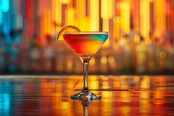 a colorful cocktail with a lemon slice on the rim