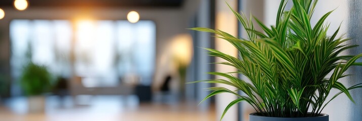 Canvas Print - Green Plant in Modern Office Interior - A close-up of a green plant in a pot, with a blurred background of a modern office space. The plant symbolizes nature, life, growth, and freshness, adding a tou