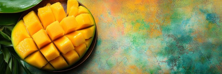 Canvas Print - Juicy Mango Slices on Colorful Background - Tropical Fruit Banner - A close-up image of a mango sliced into squares, showcasing its vibrant yellow flesh against a colorful background. The mango symbol