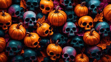 Wall Mural - halloween pattern with skulls and pumpkin