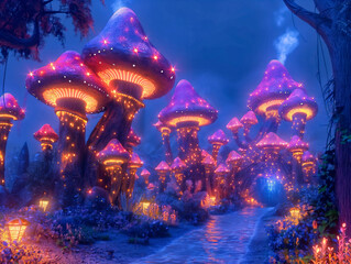 Wall Mural - A fantasy scene with purple and orange mushrooms and a path. Scene is whimsical and magical