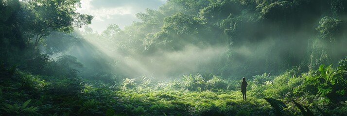 Poster - Mystical Jungle Path with Sunlight and Fog - A single person stands in a lush green jungle, bathed in the golden rays of sunlight filtering through the dense foliage. Fog swirls around the trees, crea