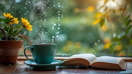 A steaming coffee cup and an open book on a table, with raindrops softly hitting the window in the background, emphasizing the cozy and tranquil ambiance, natural light, soft focus.  --ar 16:9 --v 6.0