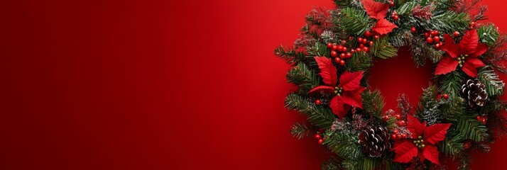 Canvas Print - Red Christmas Wreath with Pine Cones and Poinsettia on Red Background - A beautiful Christmas wreath with red poinsettia, pine cones, and berries on a red background.  This wreath symbolizes the joy, 