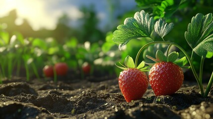 Canvas Print - Ripe Strawberries in a Lush Garden at Sunset - Two juicy strawberries nestled in the fertile soil of a thriving garden, bathed in the warm glow of the setting sun, showcasing the bounty of nature.