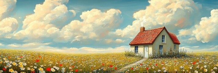 Canvas Print - Secluded Cottage in a Field of Wildflowers - A charming cottage with a red roof nestled in a field of wildflowers, bathed in the warm glow of a sunny day. The image evokes feelings of peace, tranquili