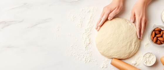 A baker rolling out dough for cinnamon rolls on a flour-dusted countertop, with a rolling pin and ingredients nearby, copy space for text, high-resolution photo, realistic photo