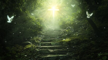 Sticker - Stone Steps Leading to a Cross in a Sunlit Forest - A mystical scene of stone steps leading upwards, bathed in sunlight, toward a cross atop a hill in a lush forest. Symbolism of faith, hope, and the 