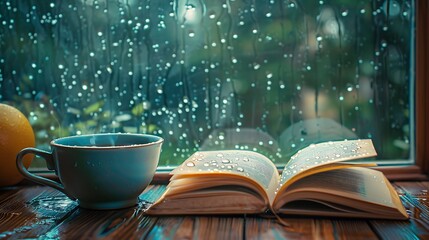 A vintage coffee cup and an open book on a wooden table, with raindrops trickling down the window, capturing a cozy and nostalgic atmosphere, natural light, soft focus.  --ar 16:9 --v 6.0