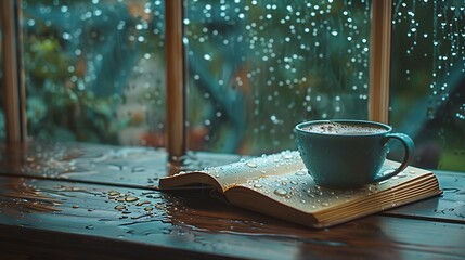 A vintage coffee cup and an open book on a wooden table, with raindrops trickling down the window, capturing a cozy and nostalgic atmosphere, natural light, soft focus.  --ar 16:9 --v 6.0