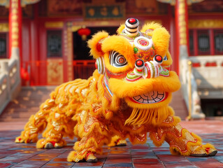 Wall Mural - A large, furry, yellow dragon stands on a brick walkway. The dragon is wearing a red and gold costume and has a red and gold headpiece