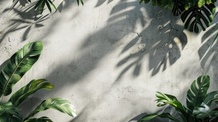 Wall Mural - Nature-themed backdrop with leaf shadows on concrete. Trendy, natural mockup with green elements. Blank wall space.