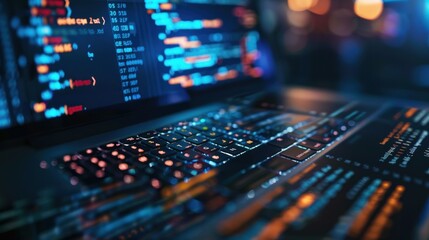 Canvas Print - Close-up of a laptop keyboard with code on the screen.