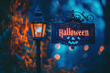 Sticker - Moody Halloween night scene with an ornate lantern and a glowing sign that reads 